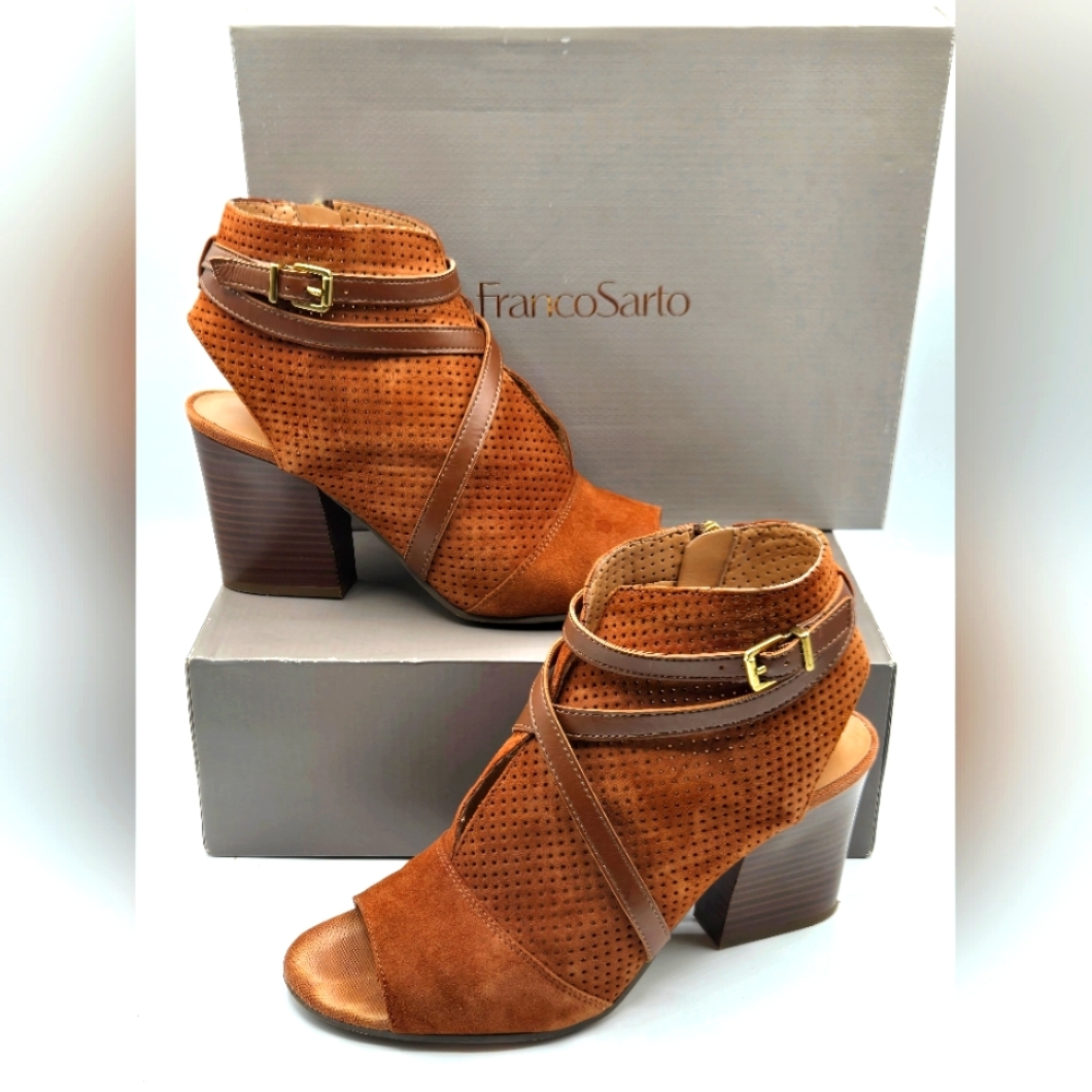 FRANCO SARTO L-Fantana Peep Toe Booties Whiskey Suede Sz 9.5